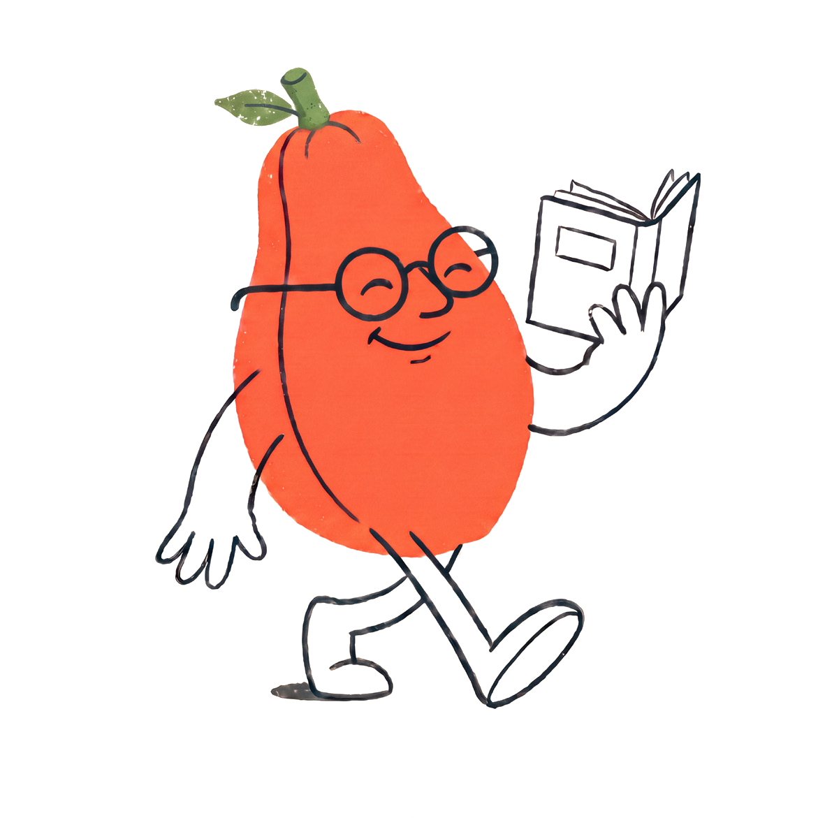 Papo, personagem da Papaya, lendo enquanto caminha